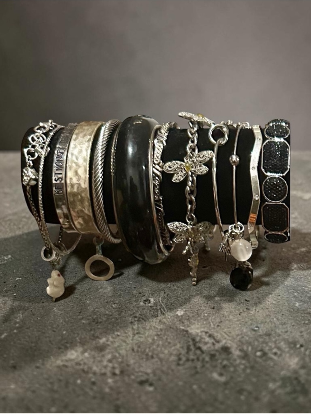 Signature Faith Silver Black Mixed Bracelet Stack Boho Layering Cuff Set